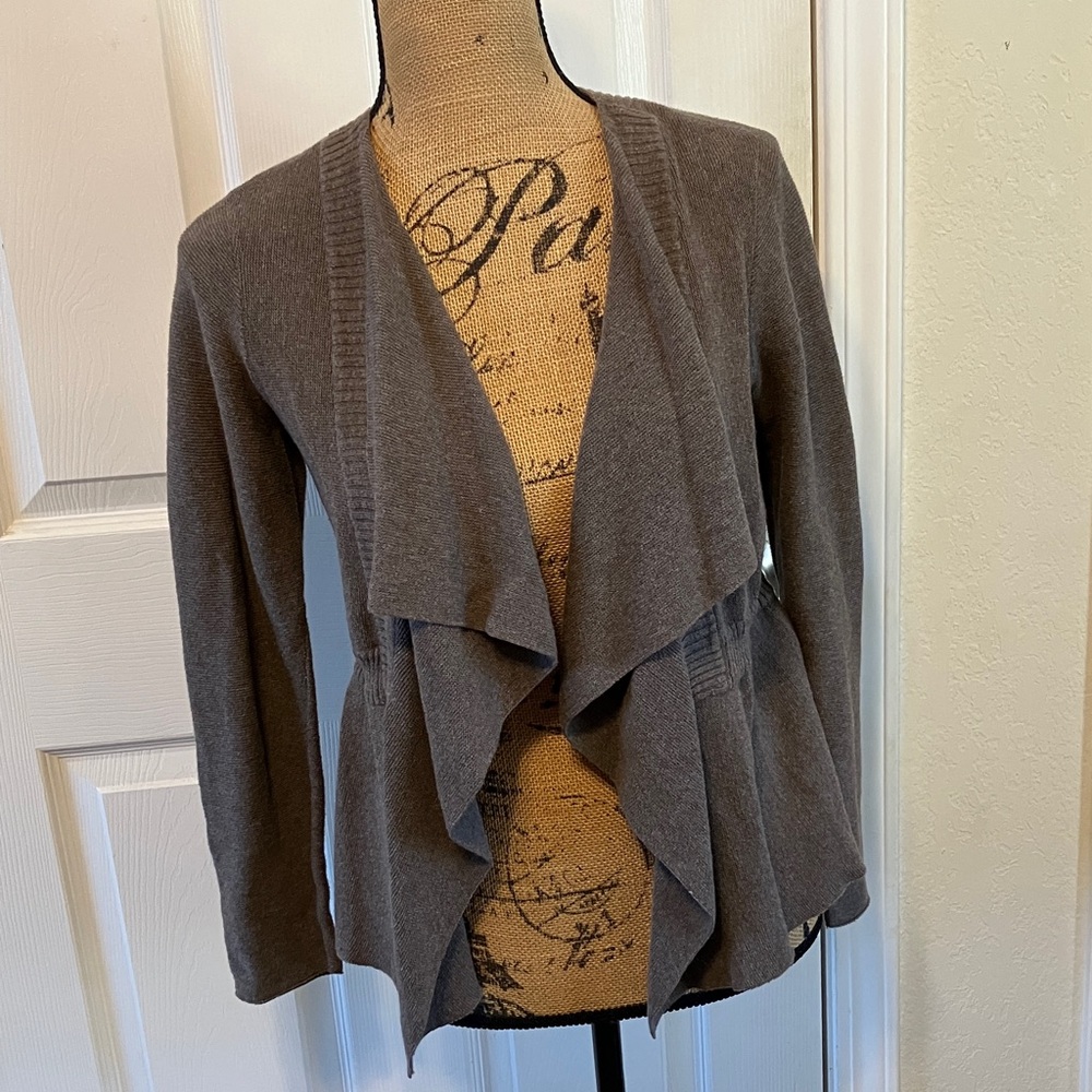 Eileen Fisher waterfall open front cardigan organic cotton knit Spring taupe S